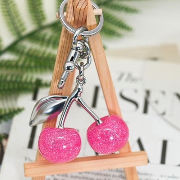 Bright pink sparkle cherry bag or purse charms brushed silver and pink - Picture 4 of 4